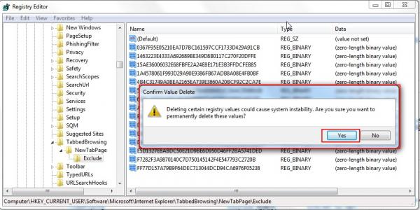 再選擇yes 即可刪除所有 之前已被排除的網頁