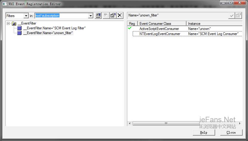 打開 WMI event viewer 填入 root/subscription