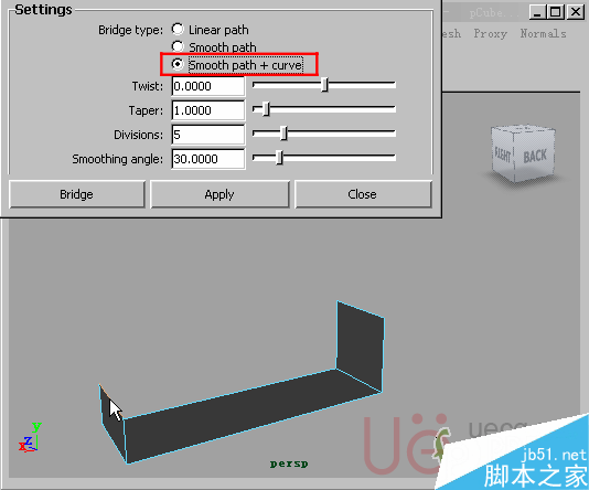 MAYA Polygons建模Edit Mesh命令集詳解解釋 武林網(wǎng) MAYA建模教程16-Bridge-Smooth-path-+-curve.gif