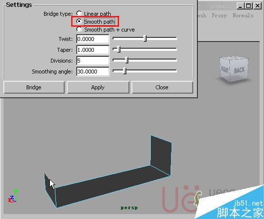 MAYA Polygons建模Edit Mesh命令集詳解解釋 武林網(wǎng) MAYA建模教程15-Bridge-Smooth-path.gif