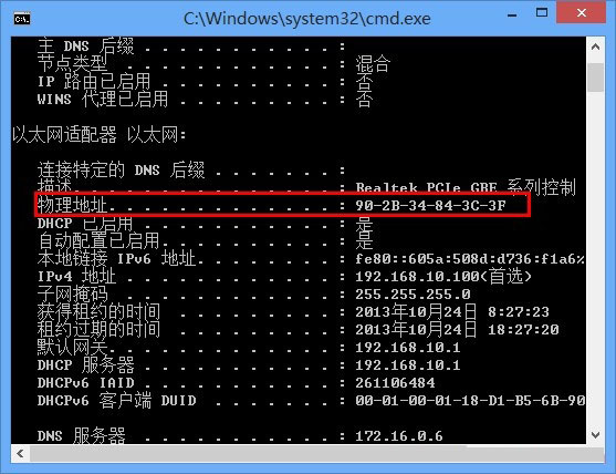 在ipconfig /all命令結果中查看MAC地址
