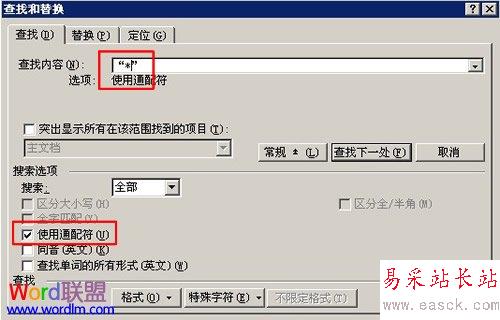 勾選“使用通配符”，在“查找內容”框中填入“*”