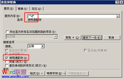 勾選“使用通配符”，在“查找內(nèi)容”框中填入“*”