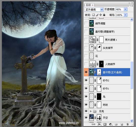 photoshop合成實例:十字墓碑旁的枯樹美女