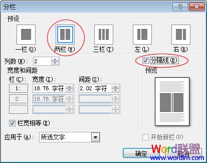 選擇兩欄和分隔線