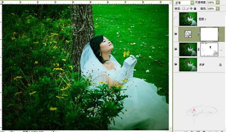 photoshop婚紗照片處理:綠地上陶醉的新娘