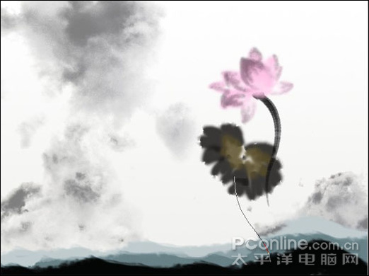 ps畫筆工具繪云彩、小魚、荷葉、荷花