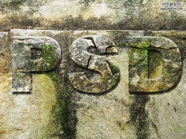 ps制作真實(shí)的帶苔蘚的破損的石頭文字-webjx.com