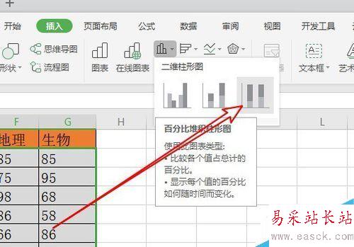 wps2019怎么插入百分比堆積柱形圖？wps2019表格插入百分比堆積柱形圖教程