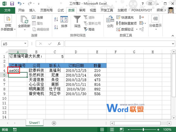 禁止Excel2013單元格輸入大于指定長(zhǎng)度的數(shù)據(jù)
