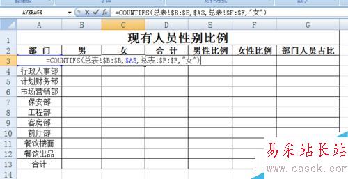 EXCEL花名冊實時自動生成各部門性別比例