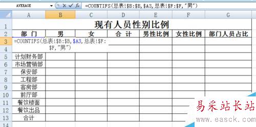 EXCEL花名冊實時自動生成各部門性別比例