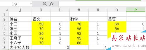 Excel中如何求單科成績大于70分的人數