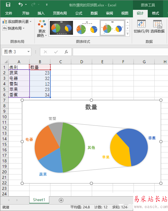 Excel數據怎么弄成直觀雙餅圖  簡單數據變身直觀雙餅圖教程