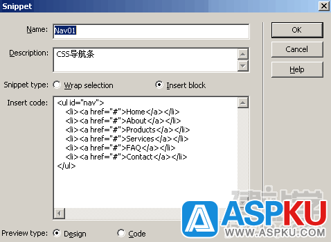 Dreamweaver創建代碼片段