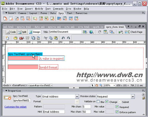 dreamweaver cs3集成spry之表單檢測(cè)試用